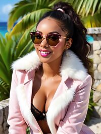 Brunette beauty with pink fur trimmed jacket struts on Petit St Vincent's beach