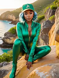 Woman with blue hair and blonde accents stands outside at Sheer Rocks in Antigua